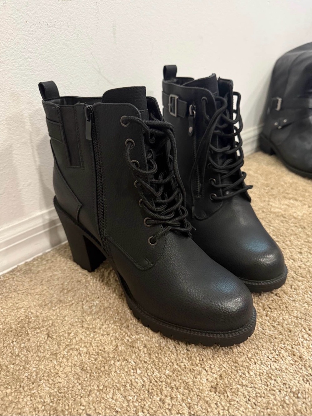 Women's Black Lace-Up Block Heel Boots with Side Zip